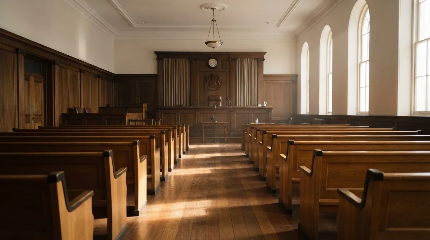 Een lege rechtszaal met houten banken in het ochtendlicht